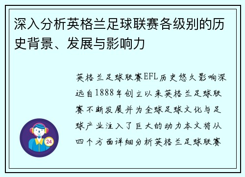 深入分析英格兰足球联赛各级别的历史背景、发展与影响力