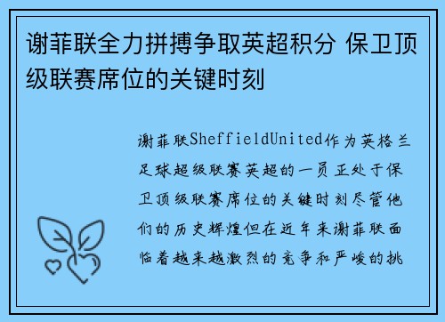 谢菲联全力拼搏争取英超积分 保卫顶级联赛席位的关键时刻