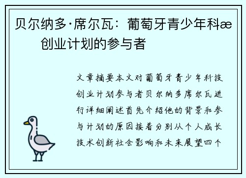 贝尔纳多·席尔瓦：葡萄牙青少年科技创业计划的参与者