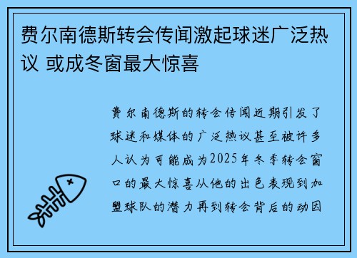 费尔南德斯转会传闻激起球迷广泛热议 或成冬窗最大惊喜