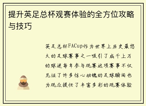 提升英足总杯观赛体验的全方位攻略与技巧